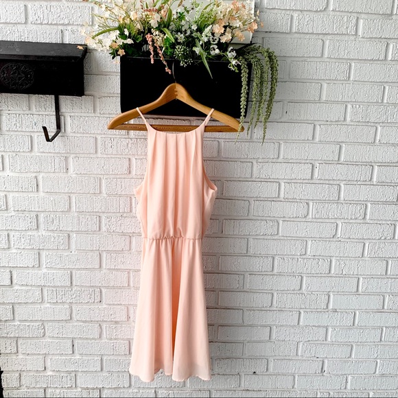 peach fit and flare dress